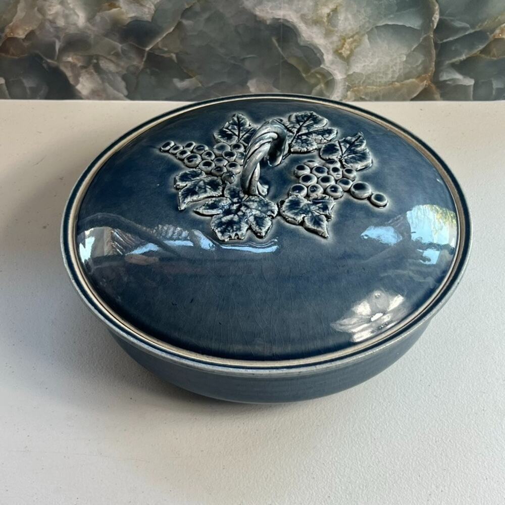 Blue Lidded Pot Casserole Serving Dish Grapes Leaves Handmade & Signed Glazed